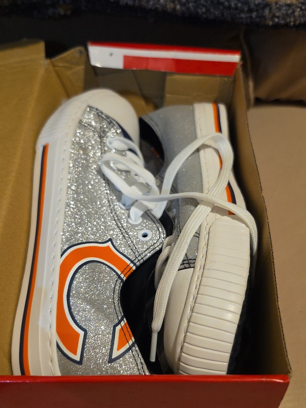 Adult Women Chicago Bears Silver Glitter Sneakers with Orange Accent